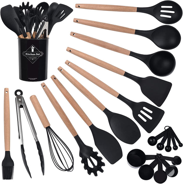Kitchen Utensils Set - Silicone Kitchen Cooking Utensils Set with Holder -Heat Resistant, Non Toxic-Wooden Handle -Kitchen Tools & Gadgets - Ideal for Cooking and Baking (22 Pieces)
