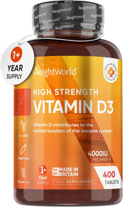Vitamin D3 4000 IU – 400 High Strength Vitamin D Tablets (1+ Year Supply) – Vegetarian Immune System Vitamins - One a Day Vitamin D Supplement - VIT D3 as Cholecalciferol - Made in the UK
