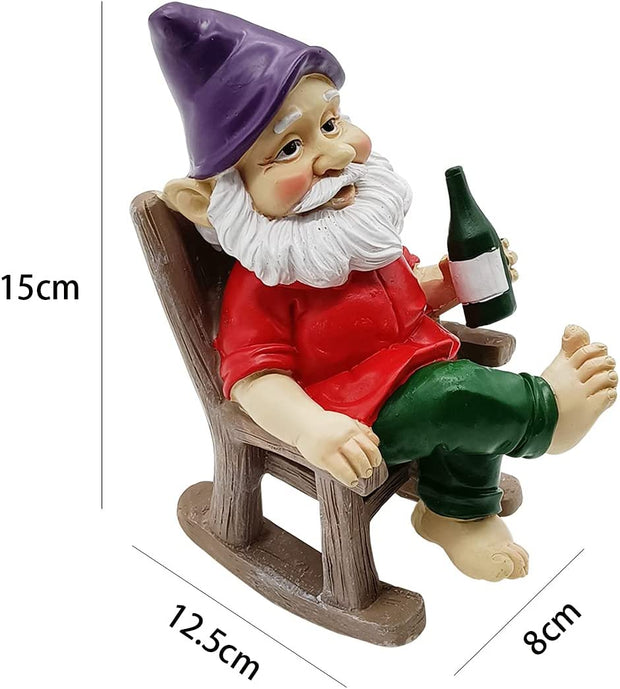 Outdoor Funny Garden Gnomes Decoration Statue Dwarf Figurines Ornament Resin Sculpture Rocking Chair Drinking Gnome Statue for Pation Yard Lawn Indoor Tabletop Home