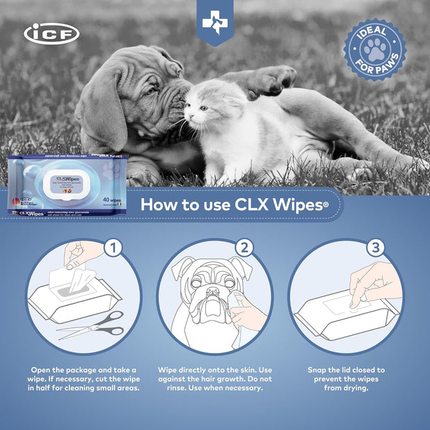 - CLX Wipes - Dog Wipes Antibacterial + Antifungal - Pet Cat & Dog Grooming Wipes for Cleaning Ear, Eye, Paw & Bums - Dog Cleaning Wipes - 40 Wipes