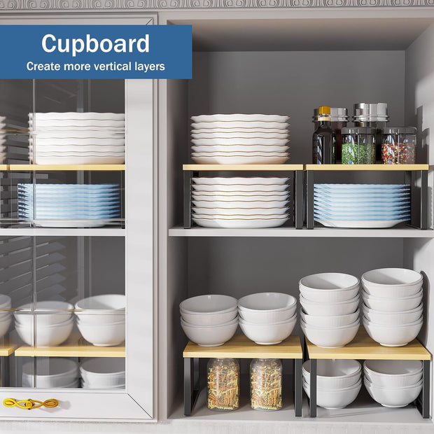 Cupboard Organiser Storage Kitchen Cabinet Shelf Storage & Organisation Stackable Space-Saving 4Pcs （Yellow & Black）
