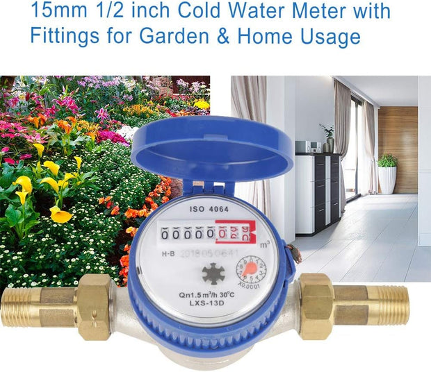 Water Meter, 15Mm Water Smart Flow Meter or 1/2 Inch Cold Water Meter with Fitting, Practical Water Meter for Garden & Home Usage