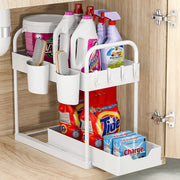 under Sink Storage Kitchen Organiser, 2 Tier Sliding Kitchen Storage under Sink Shelf, Multi-Purpose Organisation for Kitchen Bathroom, Bottom Slide Out Basket, White
