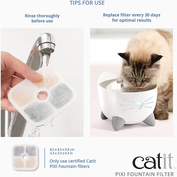 PIXI Cat Drinking Fountain Filter, Triple Action Water Filter, 6-Pack, White