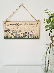 Handmade Wooden Hanging Wall Plaque Garden Rules Relax Feel the Breeze Take a Nap Pretty Sign for Gardeners