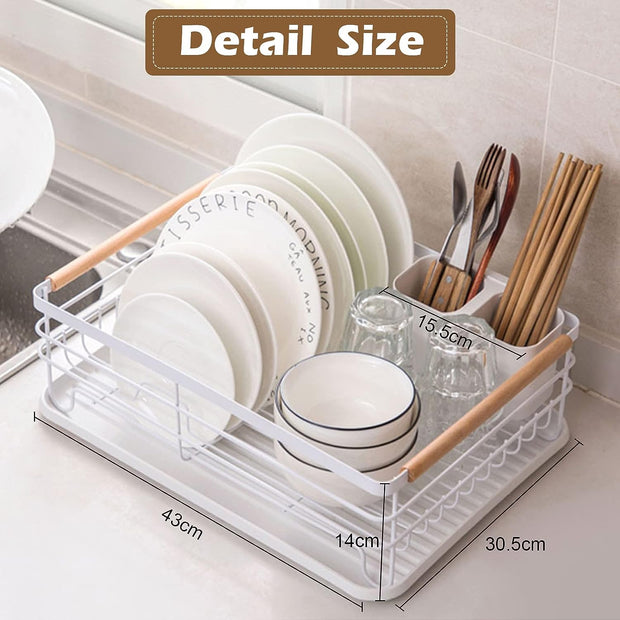 Dish Drainer Rack with Removable Drip Tray, Metal Kitchen Drying Rack Organiser with Wooden Handles, White, 43 X 30.5 X 14 Cm