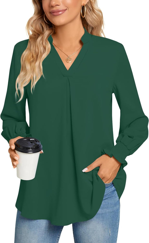 Womens Blouses Fashion 2023 Long Sleeve V Neck Loose Casual Shirts Chiffon Tops with Smocked Cuffs