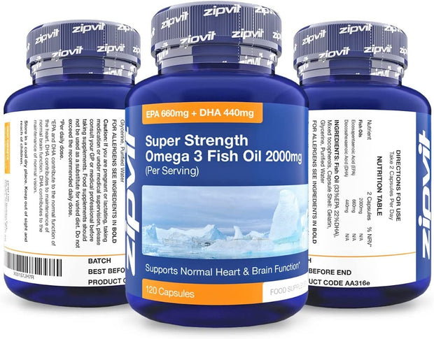 Omega 3 Fish Oil 2000Mg, EPA 660Mg DHA 440Mg per Daily Serving. 120 Capsules (2 Months Supply). Supports Heart, Brain Function and Eye Health. 2 Capsules per Serving