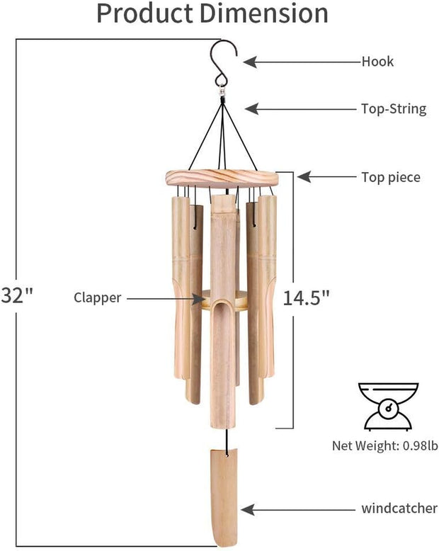 Wind Chimes Bamboo, Outdoor Garden & Indoor Wind Chime with Natural Relaxing Soothing Sound, 6 Hand-Carved Bamboo Tubes and a Hook, Classic Style Great for Home Decoration Gifts (Hanging Length 83Cm)