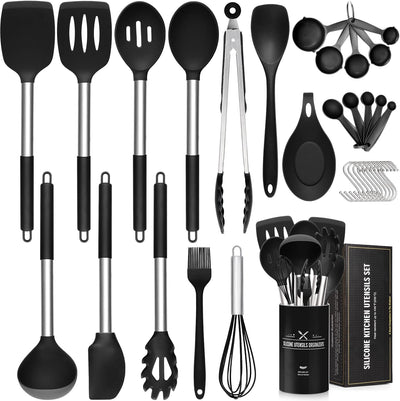 33 Pcs Kitchen Utensil Set, Silicone Cooking Utensils Set with Stainless Steel Handle, Food Grade and Heat Resistant Cookware, Silicone Spatula Turner Tongs (Black)