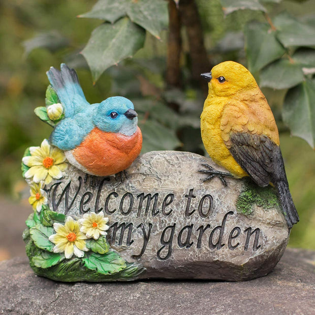 Garden Ornaments Outdoor, Garden Sculptures Statues Welcome Sign Robin Birds Novelty Figurine Decorations for Patio Yard Porch Art Home Decor