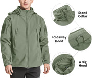 Men'S Waterproof Softshell Jacket Fleece Tactical Military Jackets with Foldaway Hood
