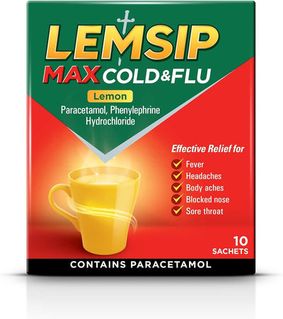 Max Cold & Flu Lemon Hot Drink, 10 Sachets, Contains Paracetamol, for Fever, Headaches, Body Aches, Blocked Nose, Sore Throat Relief