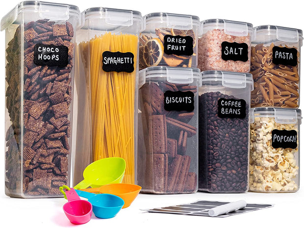 Airtight Food Storage Containers Set – 36Pcs Kitchen & Pantry Organiser – Plastic Cereal Storage Containers – Food Dispenser Set with Lids – Organisation Jars with Spoons, Marker & Labels