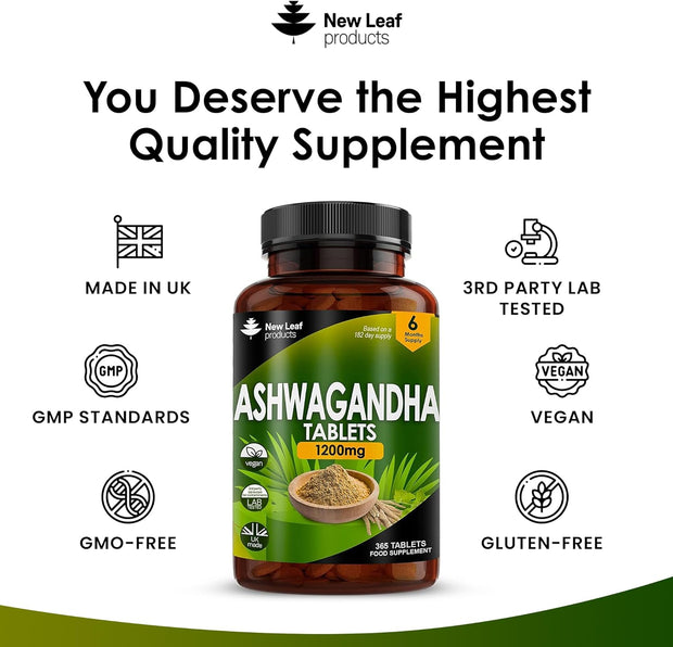 Ashwagandha 1200Mg - 365 Vegan Tablets Pure High Strength Ashwagandha Root Extract - 6 Months Supply - Powder Ashwagandha Supplement (Not Ashwagandha Capsules) - Non-Gmo & Made in the UK