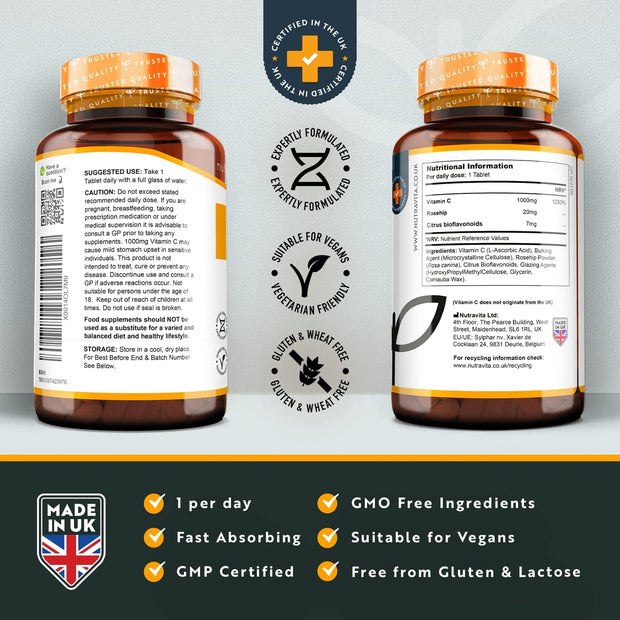 Vitamin C 1000Mg – 180 Premium Vegan & Vegetarian Tablets – 6 Month Supply – High Strength Ascorbic Acid – with Added Bioflavonoids & Rosehip – for Normal Immune System – Made in the UK by