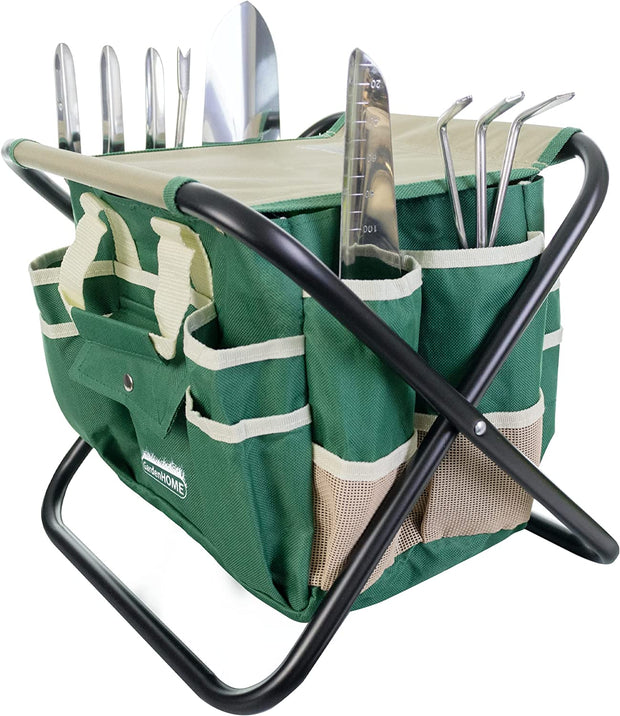 Garden Tool Set, Stainless Steel 7 Piece Tool Set, Heavy Duty Folding Stool, Detachable Canvas Tote Bag, Gardening Tool Kit Organizer