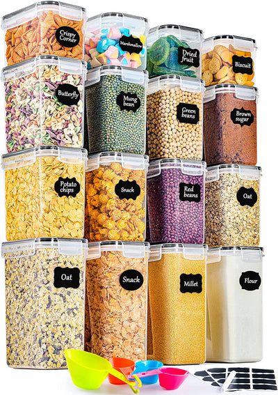 Cereal Storage Containers Set of 16, Plastic Airtight Food Storage Containers with Lids, Storage Jars for Storing Pasta, Rice, Rlour, Dog, Cat, Pet Food, Cereal Dispenser Kitchen Organiser