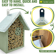 Garden Locker Wild Bee House Insect Home Bug Hotel in Green with Metal Roof Small Bug House with Cleaning Brush & Gift Box Attracts Bees, Butterflies & Many Other Bugs & Insects