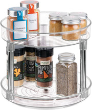 Rotatable Spice Rack with 2 Tiers, Small Plastic Kitchen Cupboard Storage for Spices and Condiments, Rotating Spice Jars Holder for Kitchen and Pantry, Clear