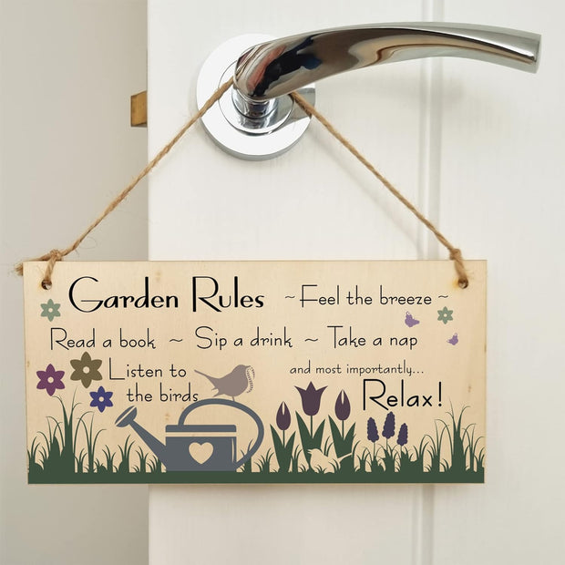 Handmade Wooden Hanging Wall Plaque Garden Rules Relax Feel the Breeze Take a Nap Pretty Sign for Gardeners