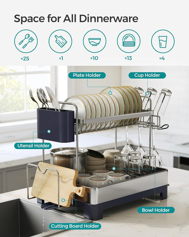 Dish Drying Rack, 2-Tier Dish Rack for Kitchen Counter with Rotatable and Extendable Drain Spout, Dish Drainer with Utensil, Cup, Glass, Cutting Board Holders, Gray KCS032E01