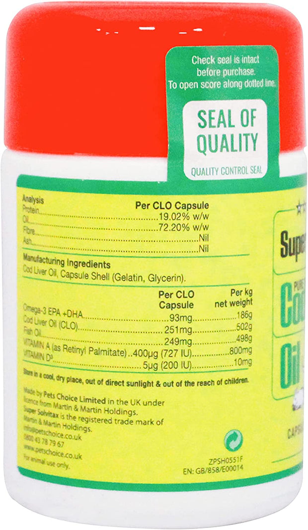 | Pure Cod Liver Oil for Dogs | Helps Maintain Healthy Skin, Strong Bones & Teeth (90 Capsules)