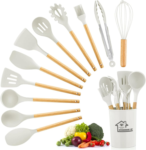 12 Pcs Kitchen Utensils Set, Silicone Cooking Utensils Set with Wooden Handle, Non Stick Heat Resistant Kitchen Tools & Gadgets Set with Holder, Cooking Spatula for Non Scratch Cookware