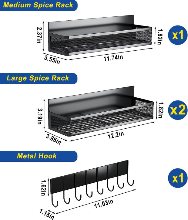 Magnetic Spice Rack for Refrigerator, 4 Pack Magnetic Shelf, Fridge Organizer Magnet Shelves for Kitchen Organization and Storage, Moveable Seasoning Racks with 8 Hooks, Metal&Black