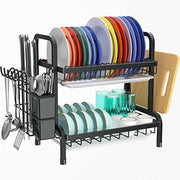 2 Tier Black Dish Drainer Rack, Stainless Steel Drying Rack Kitchen, Drainers Draining Board with Drip Tray, Rust Proof Large Washing up Sink