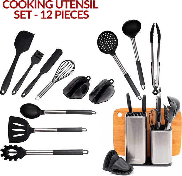 Essentials Kitchen Silicone Cooking Utensil Set - 12 Pcs Cooking & Desert Making Tools - Stainless Steel Handle Kitchen Utensil Sets with Pair of Silicone Gloves for Nonstick Cookware - Black