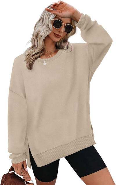 Sweatshirts for Women Oversized Jumpers Ladies Crewneck Long Sleeve Tops Side Split