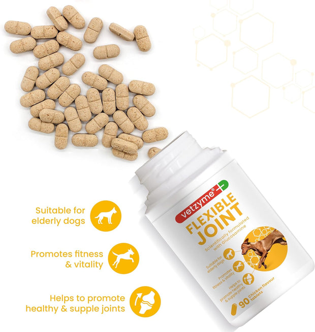 | Flexible Joint Tablets with Glucosamine for Dogs, Hip & Joint Care Supplements | Tasty Chicken Treats with Fish Oil (90 Tablets)