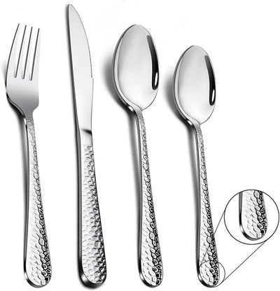 Cutlery Set, 24 Piece Hammered Flatware Cutlery Sets, Stainless Steel Silverware Set for Home/Office/Party, Knife Fork Spoon Eating Utensils Set Service for 6, Mirror Polish & Dishwasher Safe