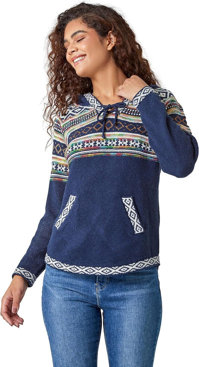 Women Jumper with Hood Ladies Winter Hoodie with Pockets Nordic Aztec Print Hooded Sweater Autumn V Neck Comfy Soft Festive Flattering Going Out Casual Smart