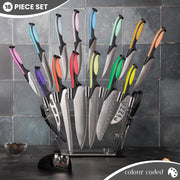 Professional Kitchen Knife Set with Block - Colourful 17 Piece Knives Set with Steak Knives - Clear Acrylic Block High Carbon Stainless Steel Blades - with Knife Sharpener Peeler and Scissors