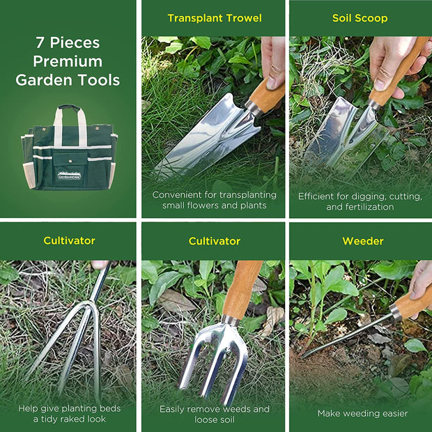 Garden Tool Set, Stainless Steel 7 Piece Tool Set, Heavy Duty Folding Stool, Detachable Canvas Tote Bag, Gardening Tool Kit Organizer