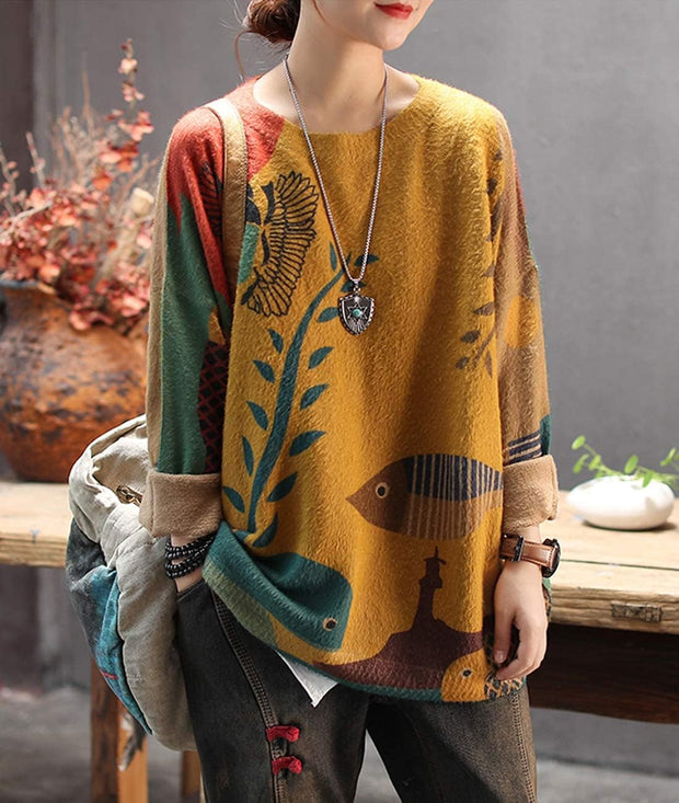 Women Long Sleeve Jumpers Oversized Graphic Knitted Sweater Crew Neck Loose Vintage Pullover Sweater Tops S01UK