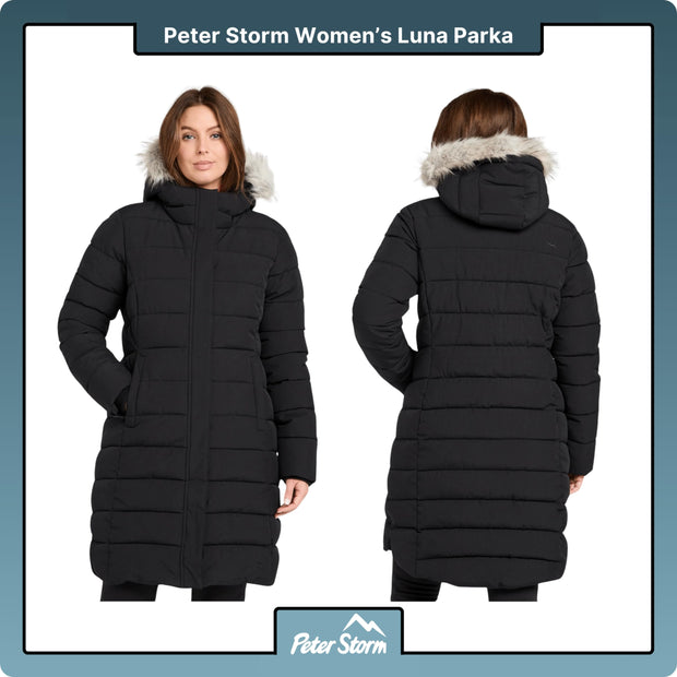 Peter Storm Women's Insulated and Water Repellent Luna Parka Jacket with Faux Fur Lined Hood, Women's Winter Coat (UK, Numeric, 12, Regular, Regular, Black)