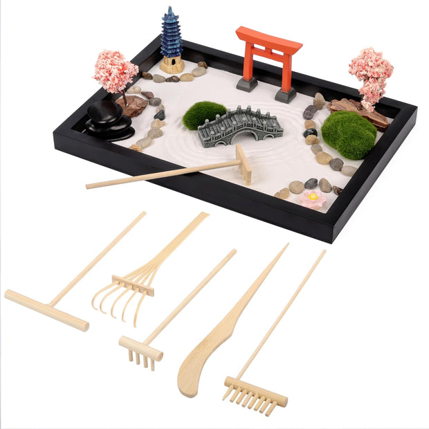 Mini Japanese Zen Garden Kit - 20 X 28Cm/7.5 X 11 Inches - Premium Rock Garden Gift Set with Zen Sand, 6 Tools & 9 Features - Home, Office or Desk Decor - Meditation Accessories