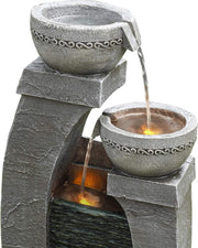 Teamson Home Solar Powered Water Feature, Indoor or Outdoor Garden Water Fountain, Indoor Waterfall with Battery Back up and LED Lights, 3 Tier, Grey