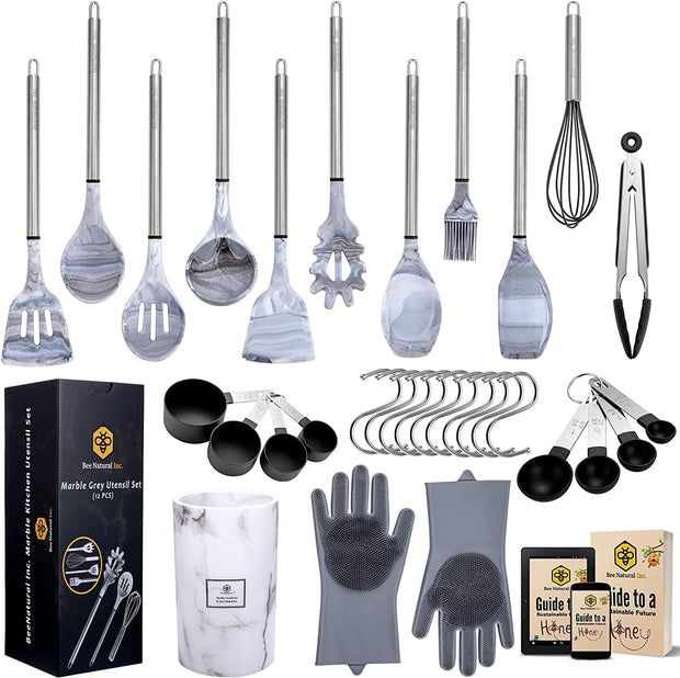 Beenatural Kitchen Utensil Set, 32 Piece Marble Grey Kitchen Gadget | Heat Resistant Silicone Cooking Utensils Set for Non-Stick Pans Kitchen Set with Holder | 4 X FREE Bundling Items Included
