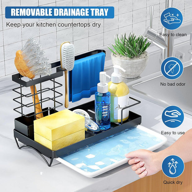 Dish Drainer Drying Rack with Drip Tray for Kitchen Organiser, Sink Caddy Organiser Stainless Steel Lightweight Sponge Holder Space Saving Ideal for Sink Storage Organization