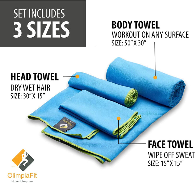 Set of 3 Microfiber Towels - Best for Gym Travel Camp Beach Backpacking Sports Outdoor Swim - Quick Dry Fast · Absorbent · Lightweight Men Women Gift Toiletry Bag (Khaki)