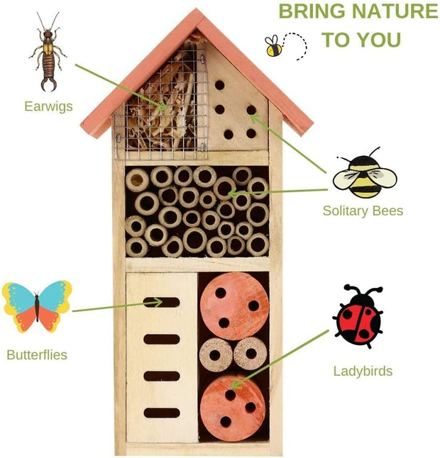 Insect Bee House - 13X8.5X26Cm - Eco-Friendly Bug Hotel for Bees Butterflies Insects in Garden - Kid Friendly Weather Resistant Hanging Bee Home from Natural Wood