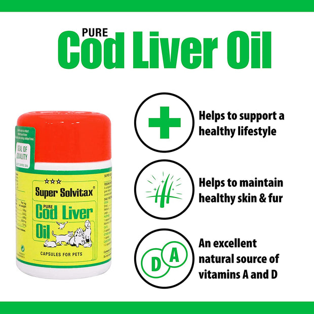 | Pure Cod Liver Oil for Dogs | Helps Maintain Healthy Skin, Strong Bones & Teeth (90 Capsules)