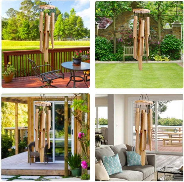 Wind Chimes Bamboo, Outdoor Garden & Indoor Wind Chime with Natural Relaxing Soothing Sound, 6 Hand-Carved Bamboo Tubes and a Hook, Classic Style Great for Home Decoration Gifts (Hanging Length 83Cm)