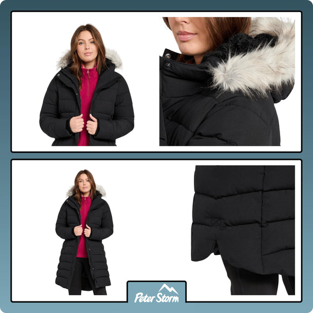 Peter Storm Women's Insulated and Water Repellent Luna Parka Jacket with Faux Fur Lined Hood, Women's Winter Coat (UK, Numeric, 12, Regular, Regular, Black)
