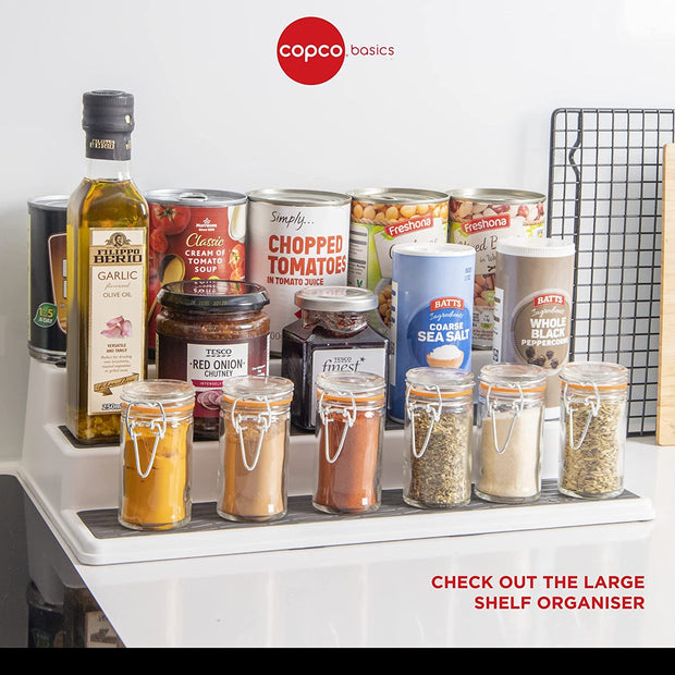 Copco Basics 3-Tier Spice Rack for inside Cupboard, Non-Slip Kitchen Shelf Organiser, 26 X 23 X 8.5Cm, White/Grey