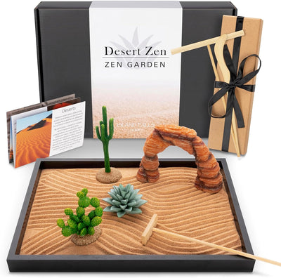 Desert Zen Garden Kit. Home Cactus Decor. 11X8 Sand Tray. 4 Artifical Desert Features, Brown Sand, 3 Handcrafted Wood Tools. Desert Decor Mini Zen Garden for Desk. Southwestern Decor